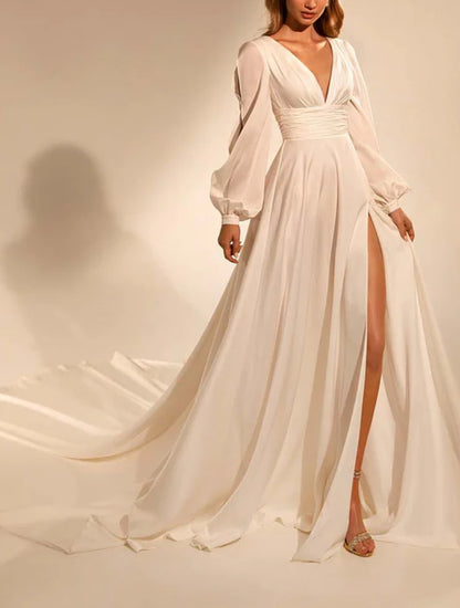 Off White Plunge Deep Slit Maxi Dress with Trail