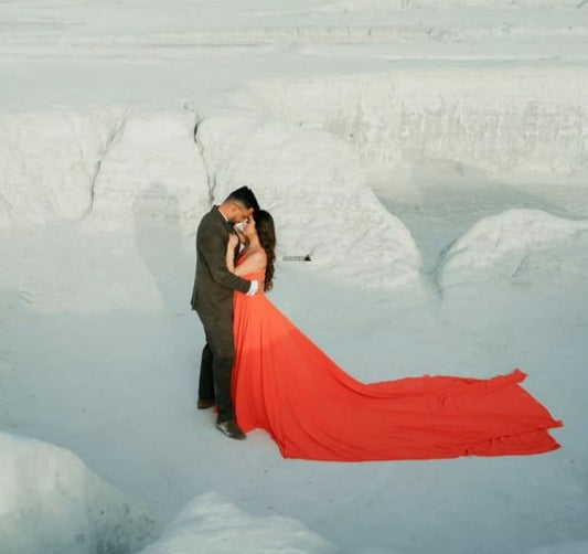 Orange Ruched Prewedding Mega Trail Gown