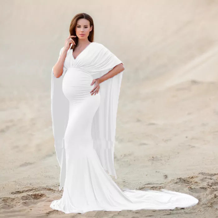 Enigma White V Neck Maternity Lycra and Georgette Dress