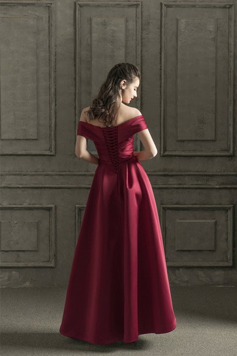 Off Shoulder Ruched Corset Back A-Line Satin Wedding Prom Dress