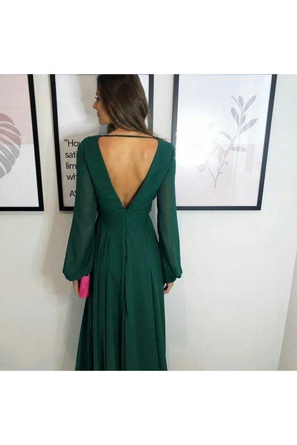 Deep V Neck & Back Long Sleeves Chiffon Bridesmaid Dress