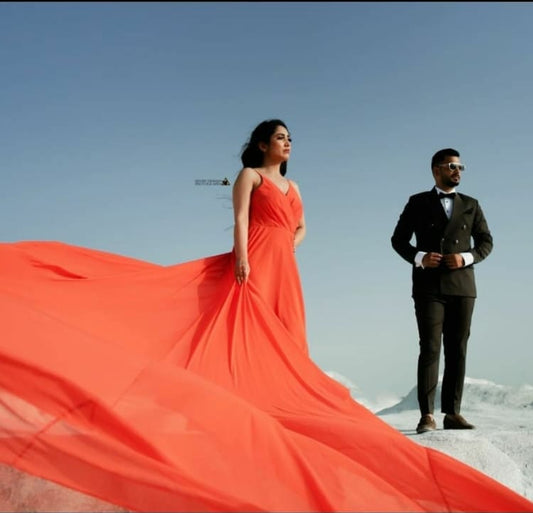 Orange Ruched Prewedding Mega Trail Gown