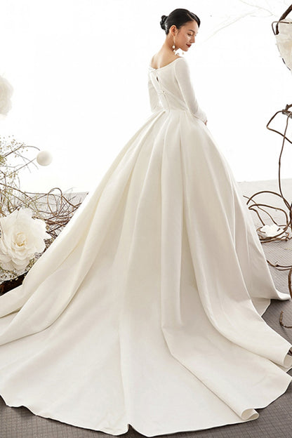 Scoop Neck Lace Long Sleeve Tied Back Satin Wedding Dress with Trail