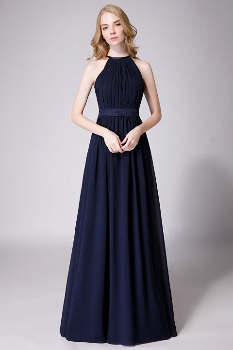 High Neck Halter Pleated Bodice Chiffon Bridesmaid Dress Long