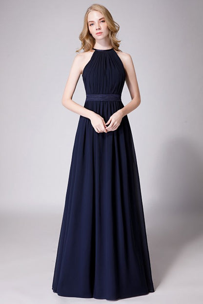 High Neck Halter Pleated Bodice Chiffon Bridesmaid Dress Long