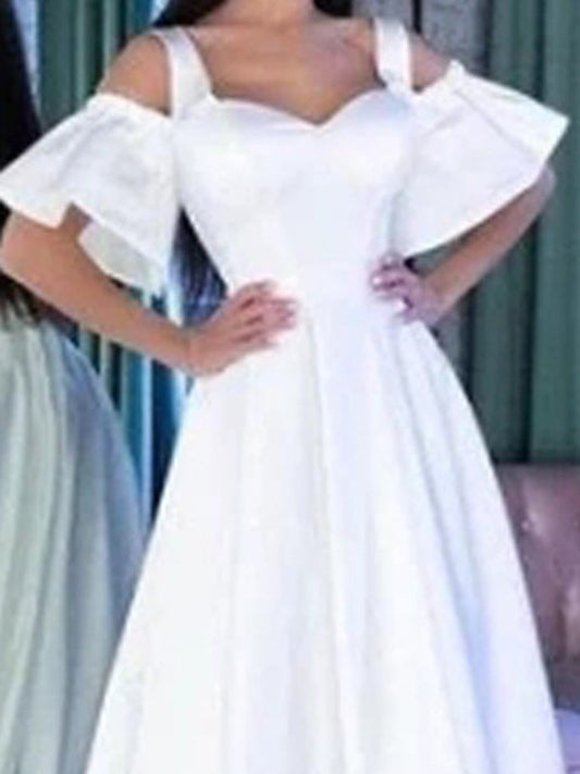 White Pleated Off Shoulder Short Sleeve High-low Elegant Maxi Dress