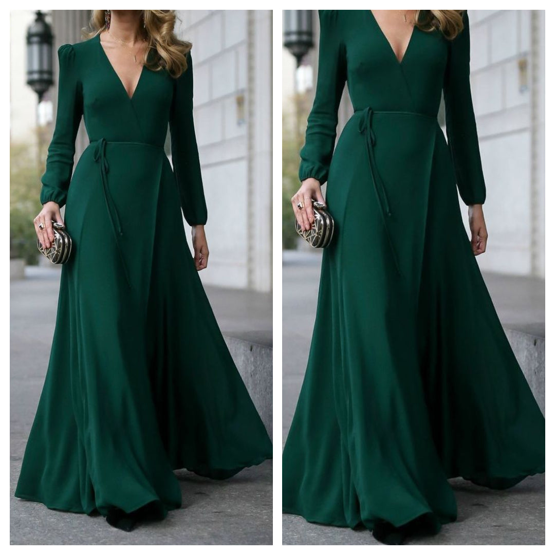 Green Flared V Neck Puffer Sleeves Dress