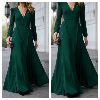 Green Flared V Neck Puffer Sleeves Dress
