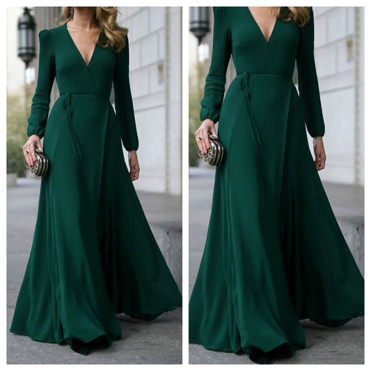 Green Flared V Neck Puffer Sleeves Dress