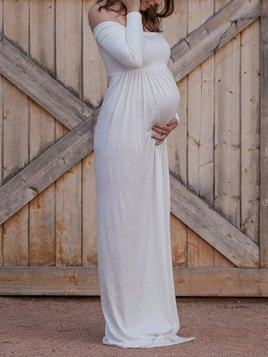 White Bandeau Pleated Boat Neck Off Shoulder Floor Length Maternity Maxi Dress