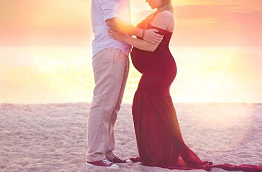 Maroon Red Triple Trail Lycra and Georgette Maternity Photoshoot Gown