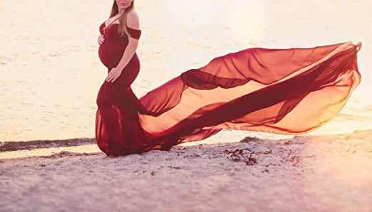 Maroon Red Triple Trail Lycra and Georgette Maternity Photoshoot Gown
