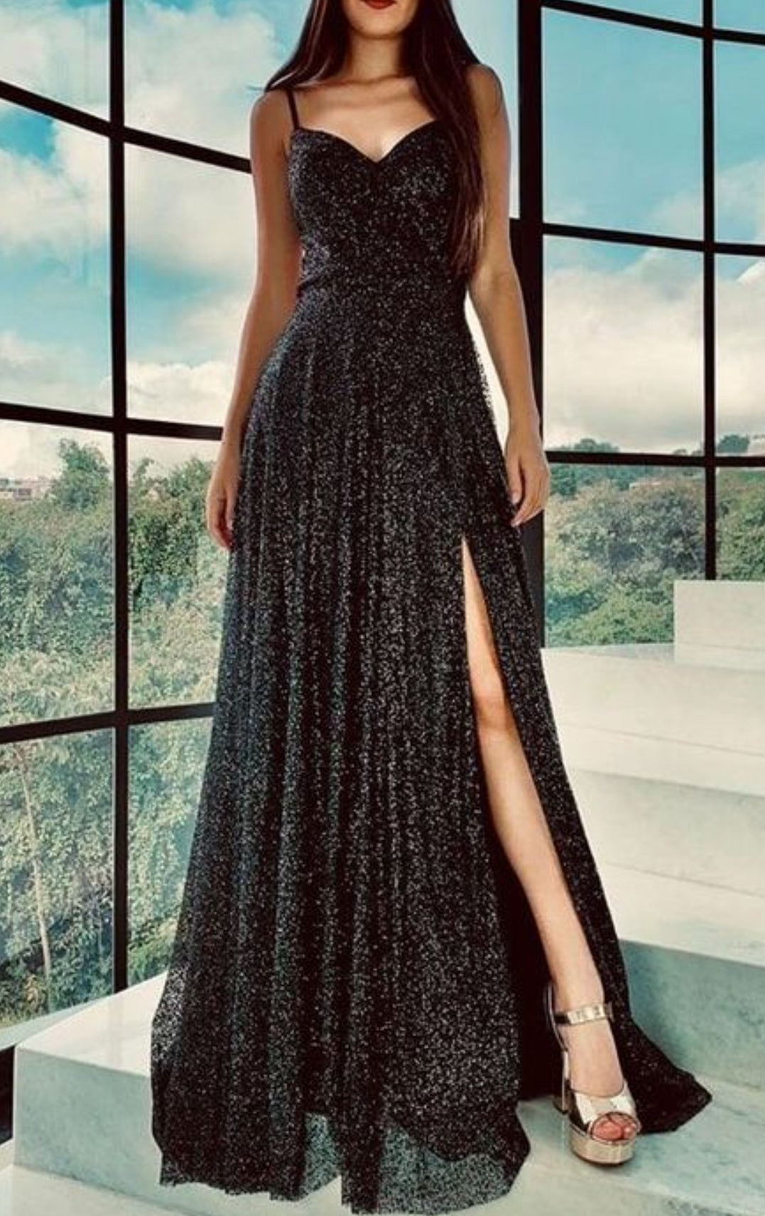 Black Sequin Spaghetti Strap Slit Dress