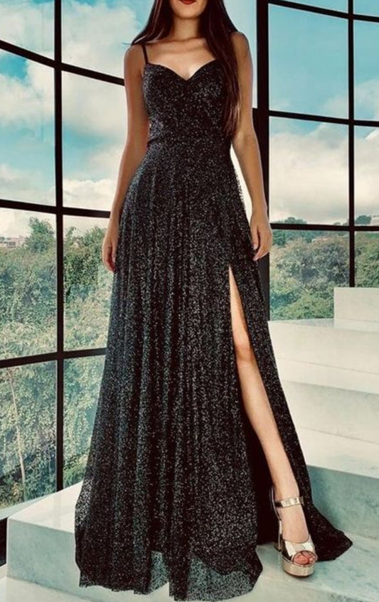 Black Sequin Spaghetti Strap Slit Dress