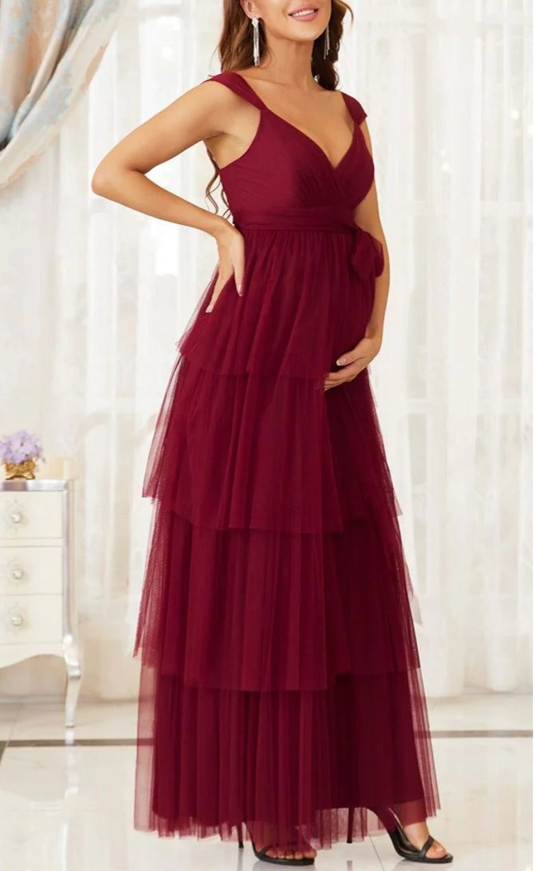 Maroon Red Net Triple Layered Maternity Dress