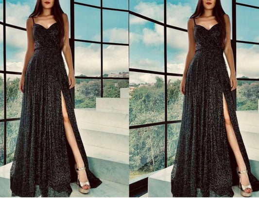 Black Sequin Spaghetti Strap Slit Dress