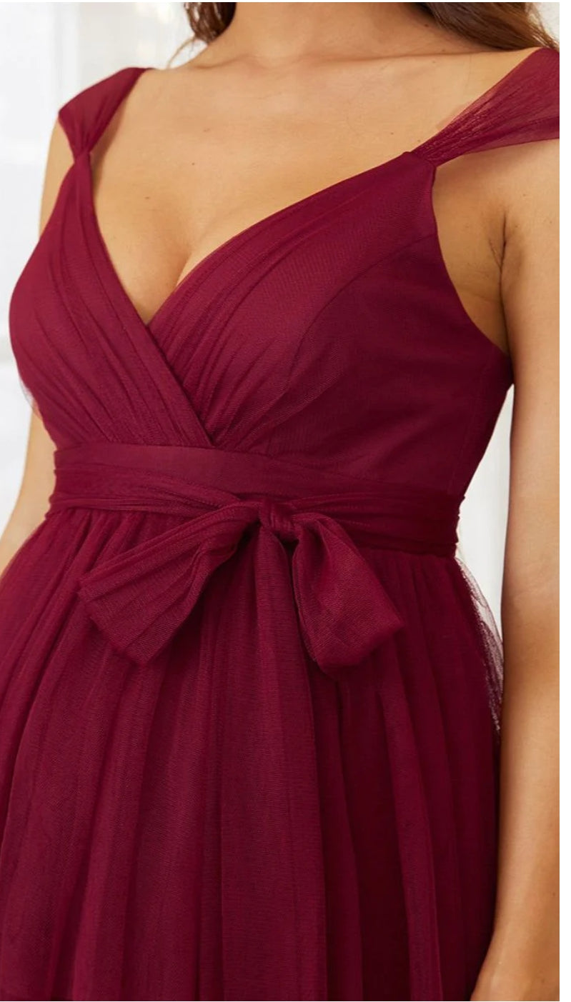 Maroon Red Net Triple Layered Maternity Dress