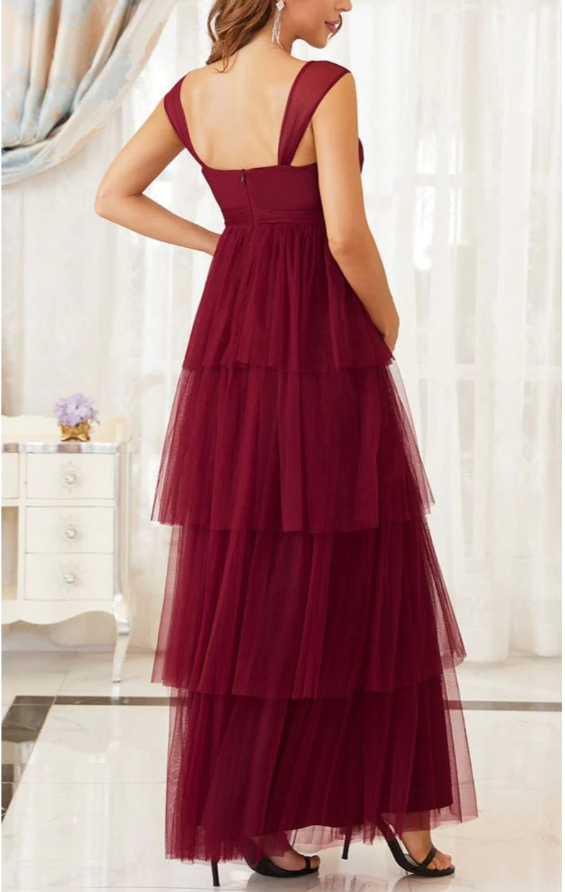 Maroon Red Net Triple Layered Maternity Dress
