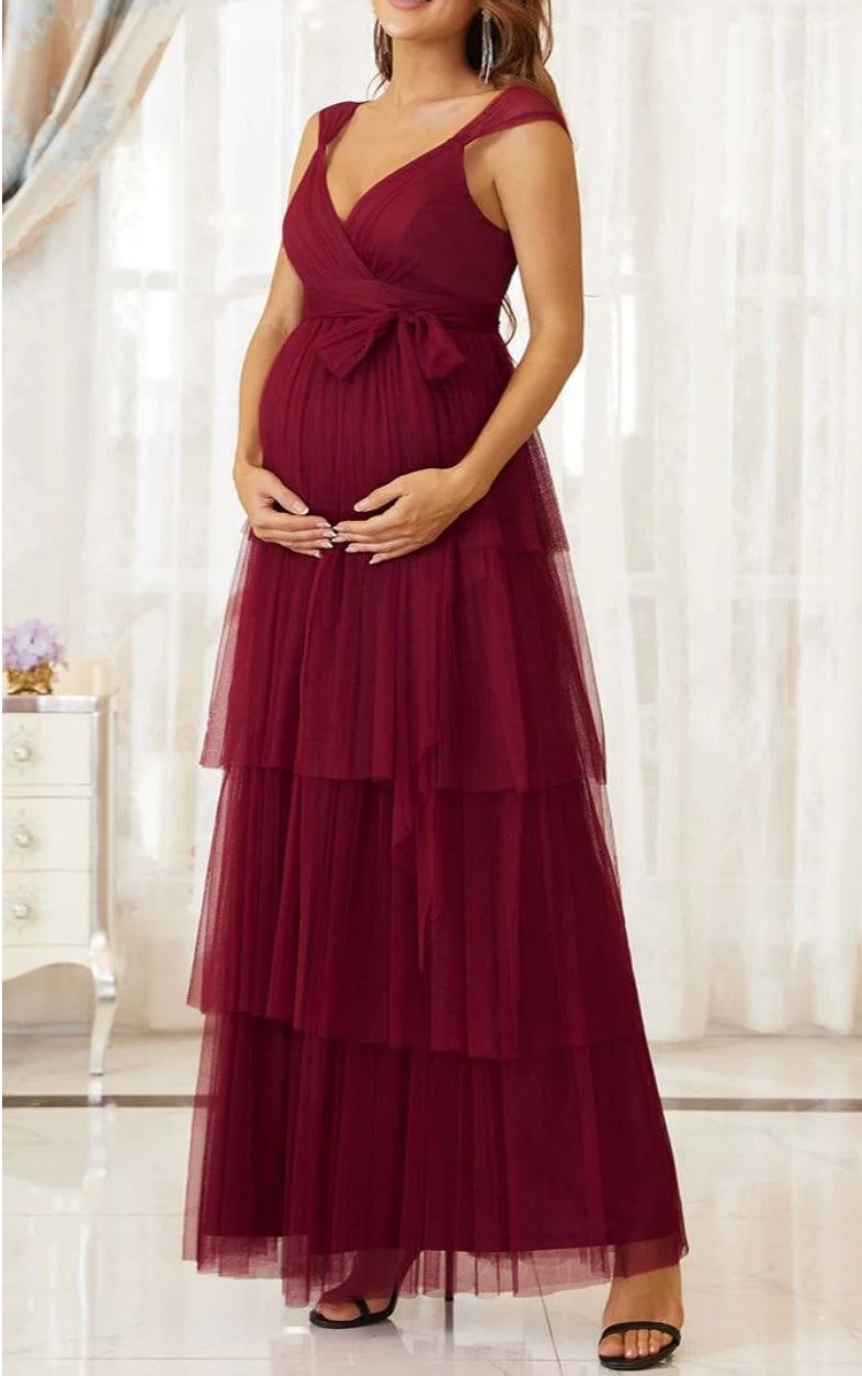 Maroon Red Net Triple Layered Maternity Dress