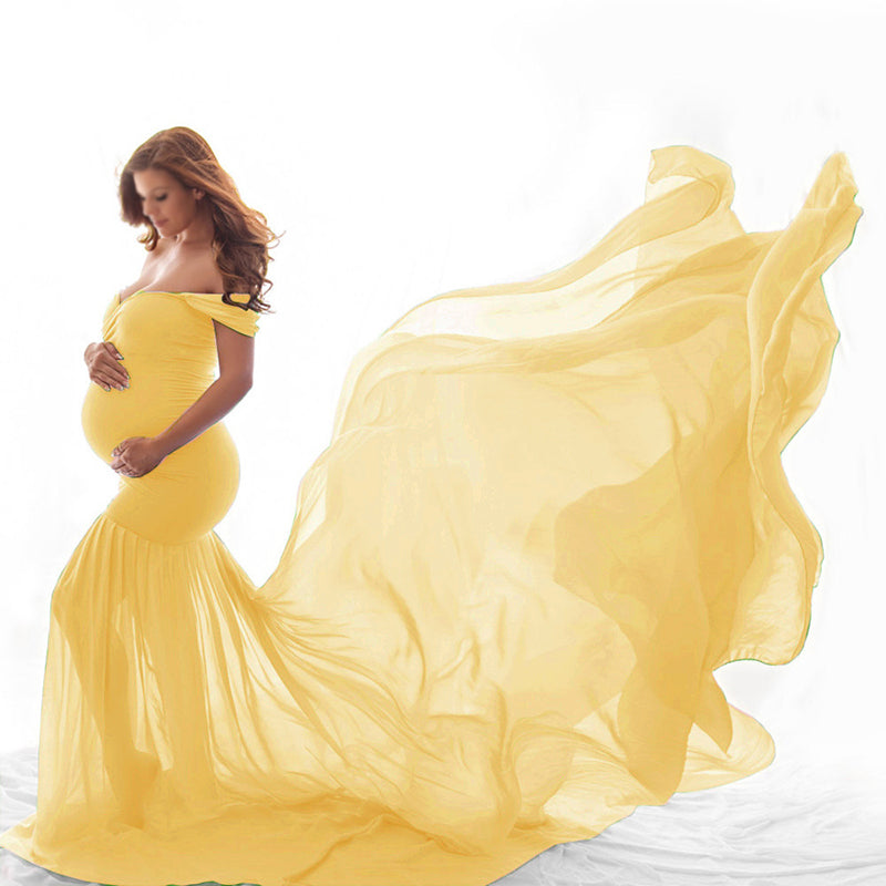 YELLOW Maternity Multicolor Off Shoulder Long Photo Dress