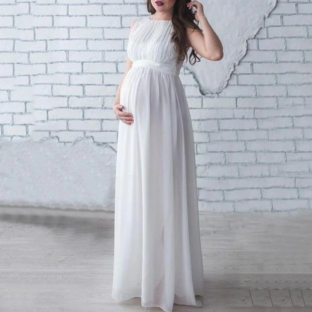 White Vertical Drape Maternity Dress with Belt