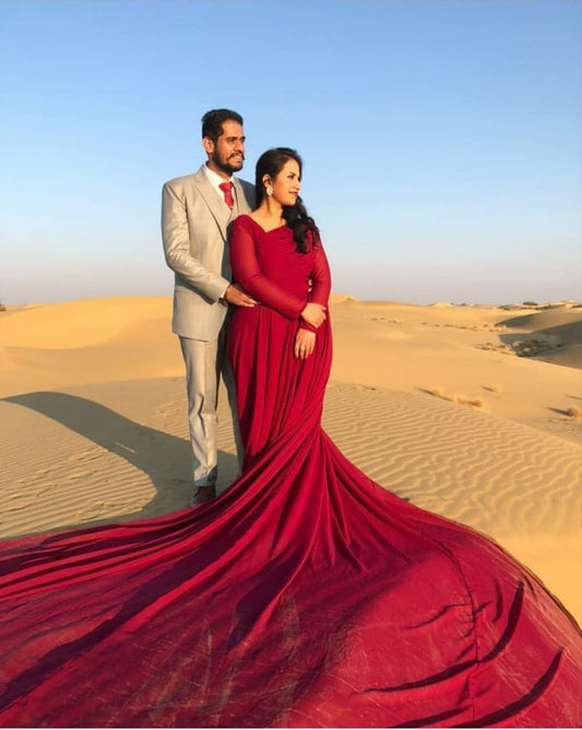 Cherry Red Full Sleeves Mega Trail Prewedding Gown