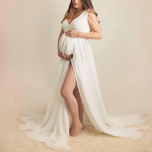 Maternity Solid White Sleeveless Baby Shower Dress