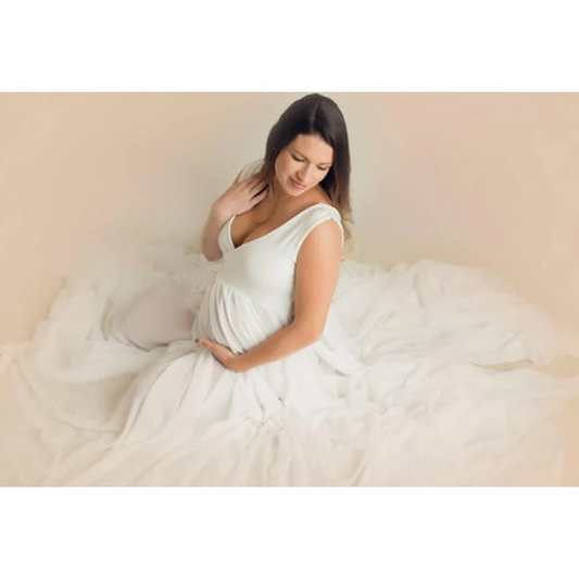 Maternity Solid White Sleeveless Baby Shower Dress