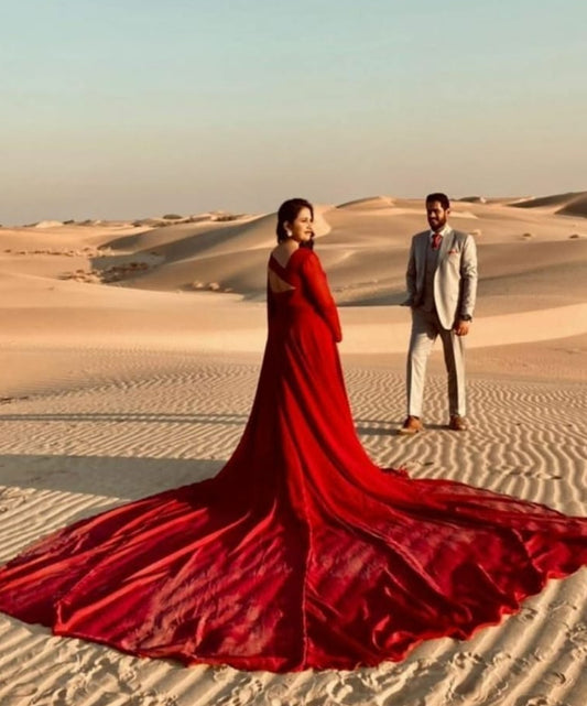 Cherry Red Full Sleeves Mega Trail Prewedding Gown