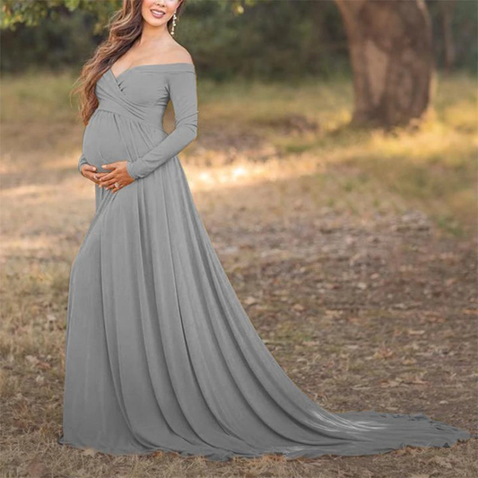 Grey Off Shoulder Maternity Georgette Dress