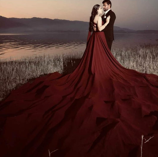 Wine One Shoulder Pre wedding Mega Trail Gown