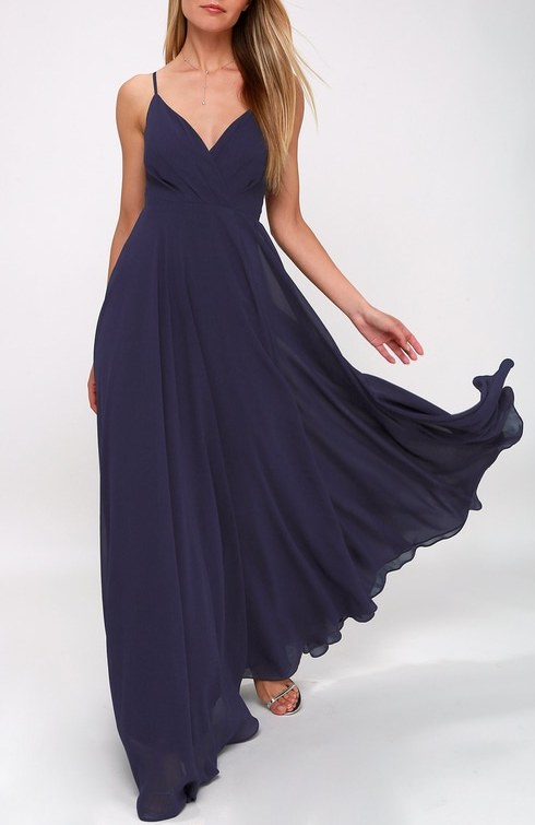 Ruched Detail Flared Navy Maxi Dress