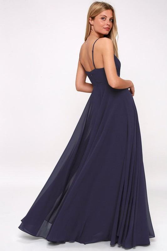 Ruched Detail Flared Navy Maxi Dress