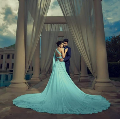 Sky Blue One Shoulder Backless Trail Gown