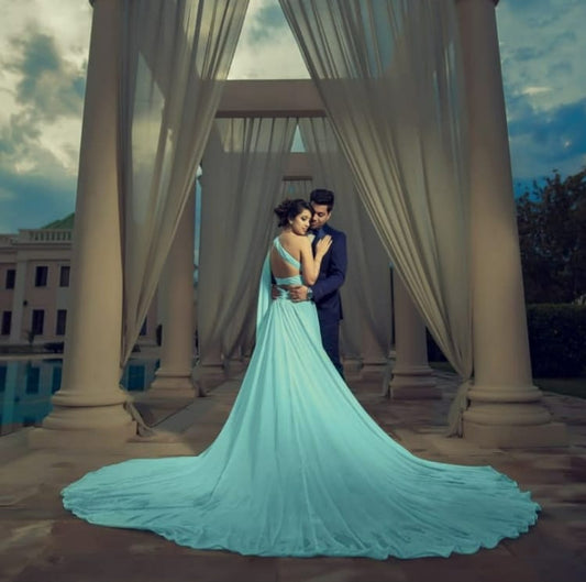 Sky Blue One Shoulder Backless Trail Gown