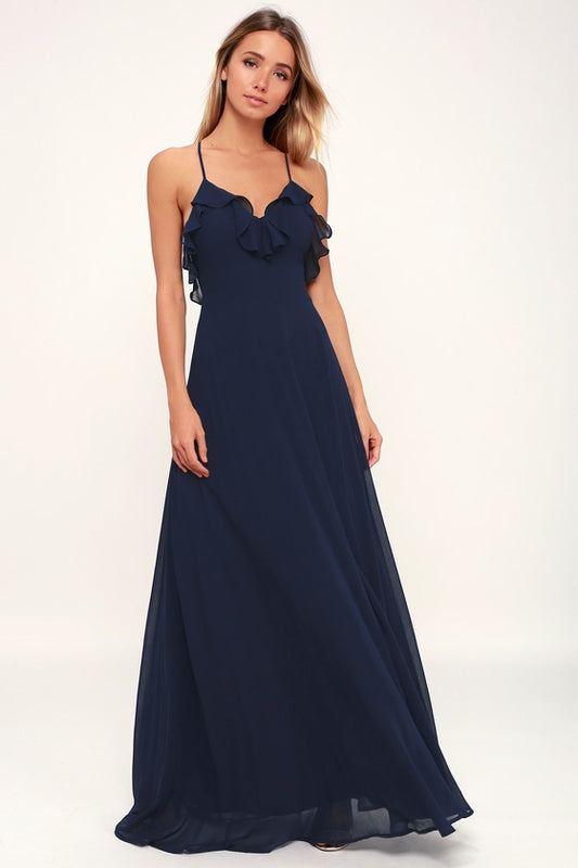 Navy Blue Frill Backless Maxi Dress