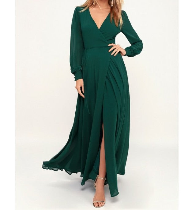 Green V Neck Full Sleeves Slit Maxi Dress