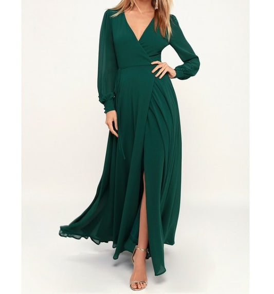Green V Neck Full Sleeves Slit Maxi Dress