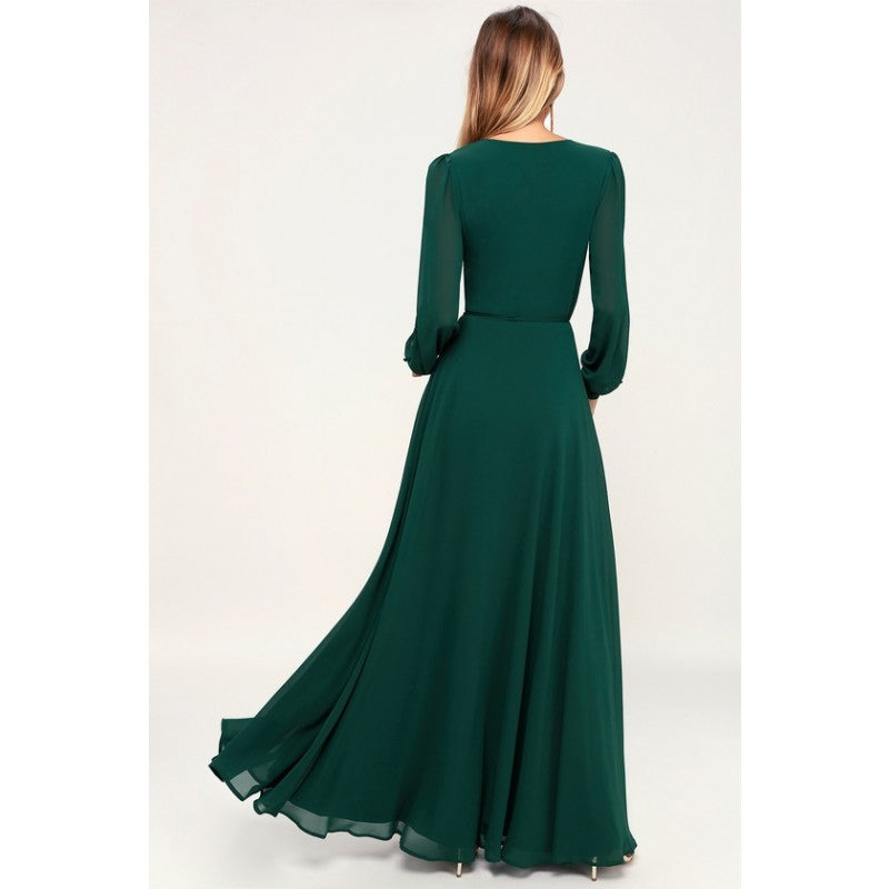 Green V Neck Full Sleeves Slit Maxi Dress