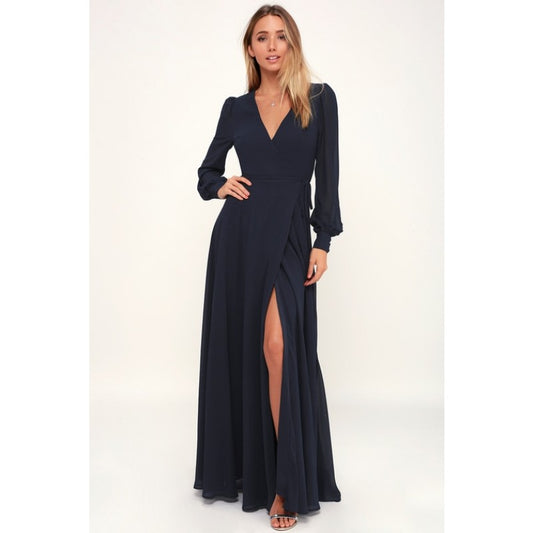 Navy Puffer Sleeves Front Slit Georgette Overlap Dress