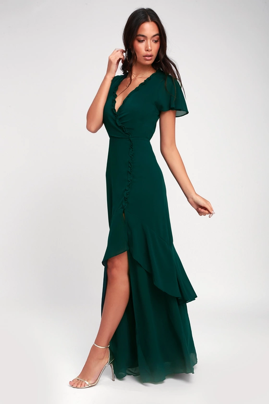 Pour the Champagne Emerald Green Ruffled Backless Maxi Dress