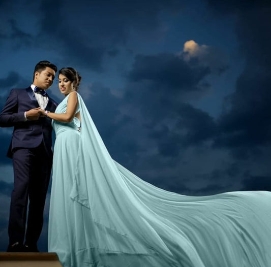 Sky Blue One Shoulder Backless Trail Gown