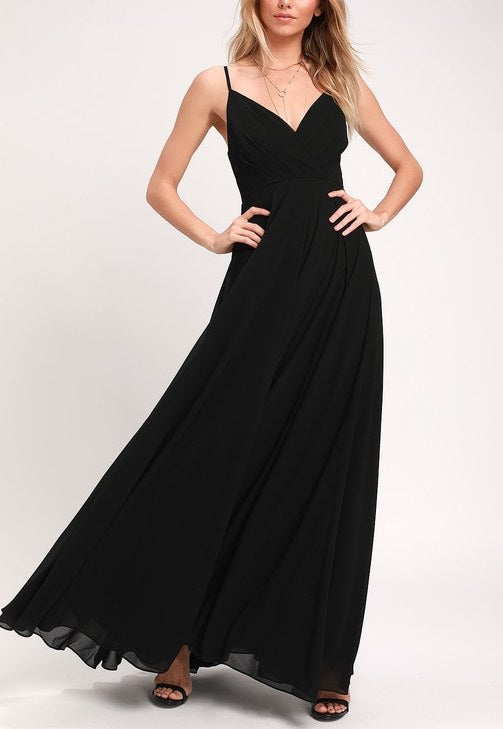 Ruched Detail Flared Black Maxi Dress