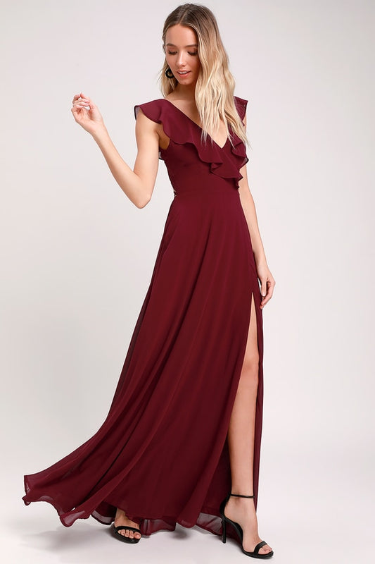 Maroon Frill Spaghetti Strapless Maxi Dress