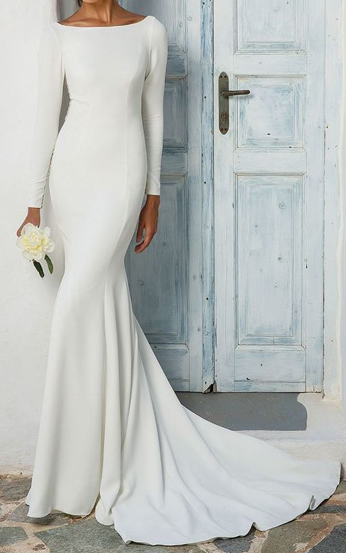 White Full Sleeves Trail Gown