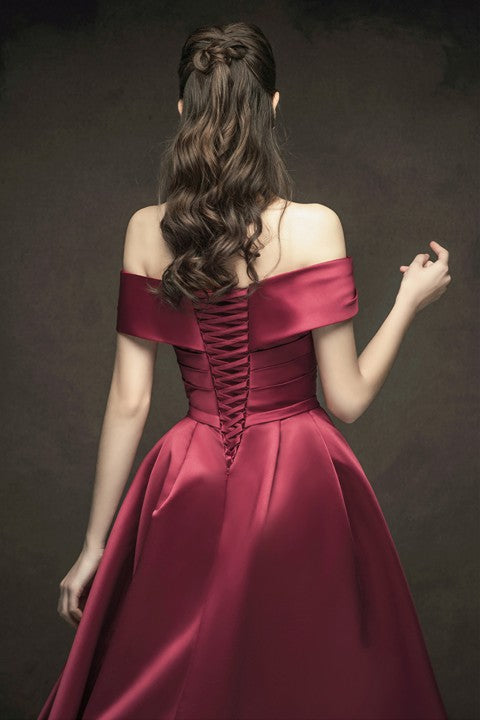 Off Shoulder Ruched Corset Back A-Line Satin Wedding Prom Dress