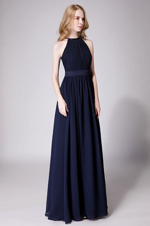 High Neck Halter Pleated Bodice Chiffon Bridesmaid Dress Long