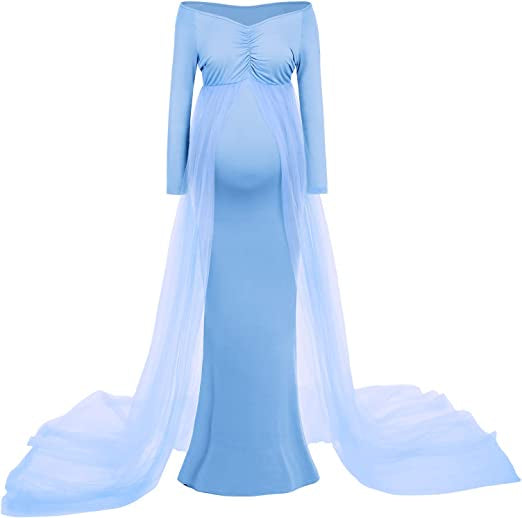 Sky Blue Lycra and Net Trail Maternity Photoshoot Gown