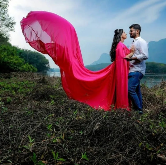 Hot Pink Wing Sleeves Mega Trail Gown