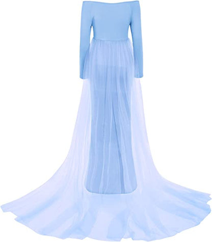 Sky Blue Lycra and Net Trail Maternity Photoshoot Gown